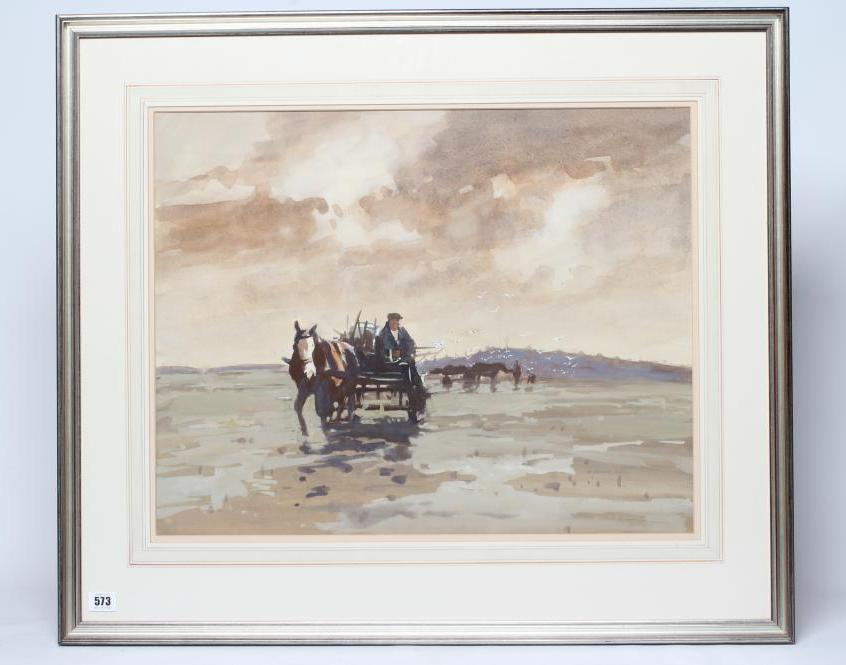 WILLIAM NORMAN GAUNT (1918-2001) Returning from the Fishing Baulks, Heysham, watercolour, 19" x 23 Image