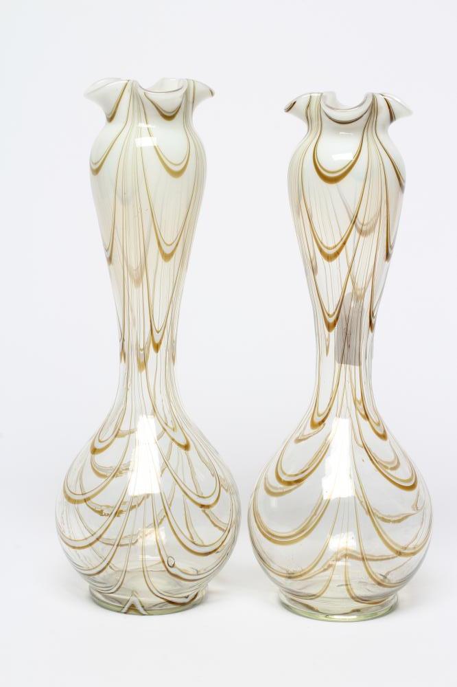 A PAIR OF THOMAS WEBB FILAMENTOSA GLASS VASES of slender baluster form with crimped garlic neck Image