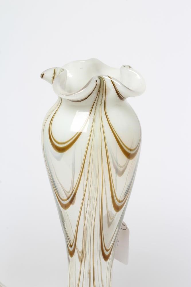 A PAIR OF THOMAS WEBB FILAMENTOSA GLASS VASES of slender baluster form with crimped garlic neck Image