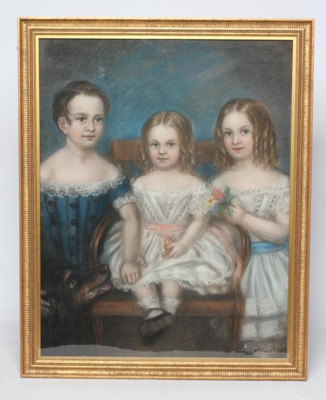 BRITISH SCHOOL (Late 19th Century) Portrait of three children with a dog, pastel, 26" x 20", framed Image