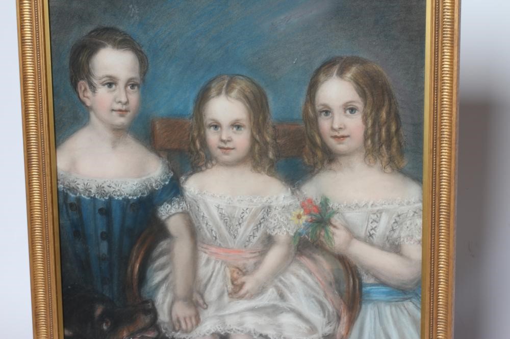 BRITISH SCHOOL (Late 19th Century) Portrait of three children with a dog, pastel, 26" x 20", framed Image