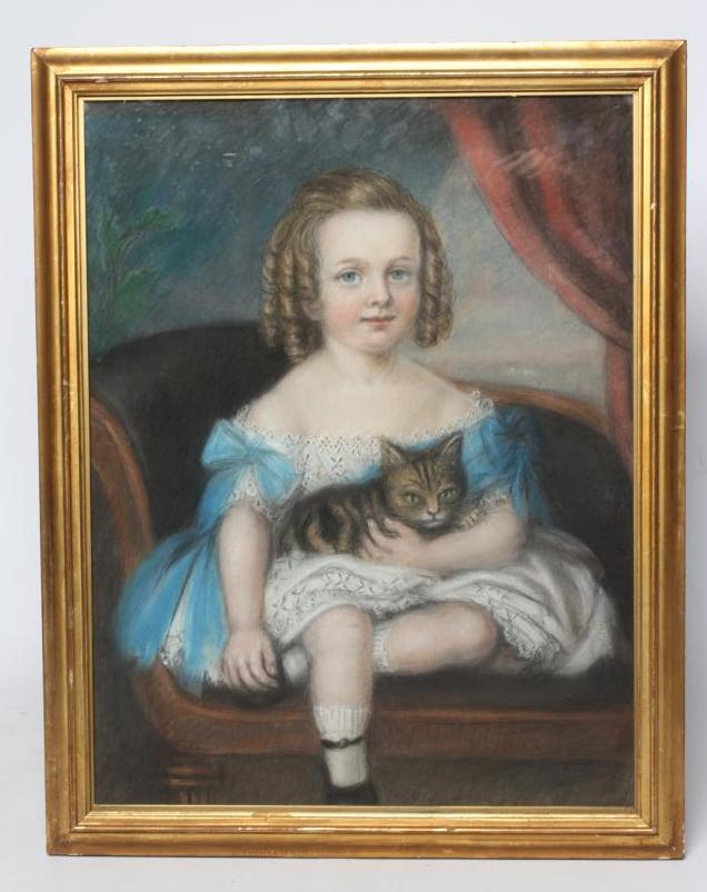 BRITISH SCHOOL (Late 19th Century) Portrait of a Girl with a Cat, half length, seated wearing a blue Image