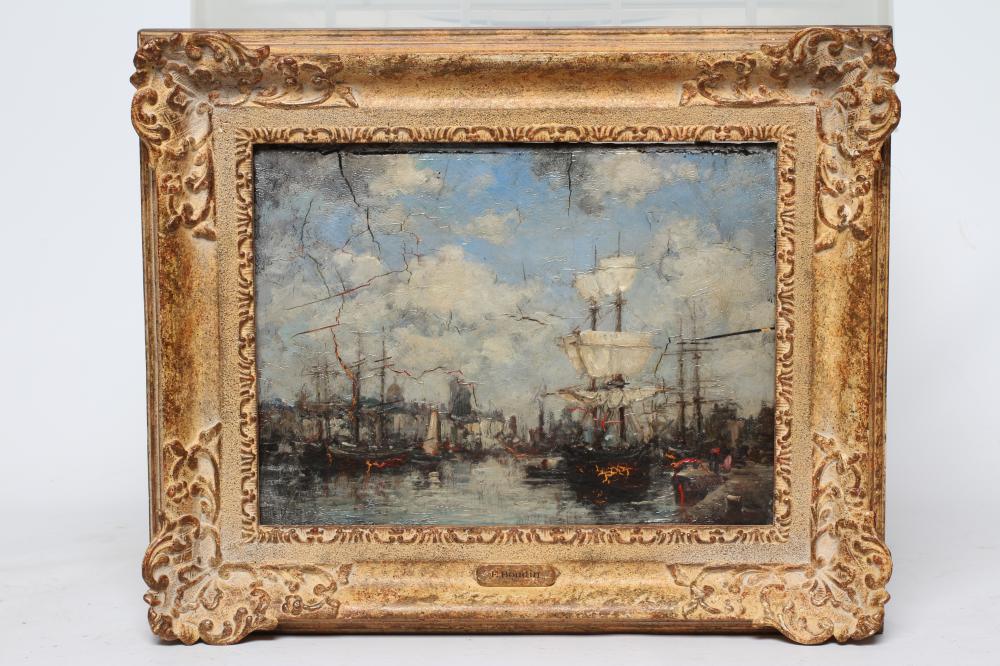 MANNER OF EUGENE BOUDIN (1824-1898) Busy Harbour Scene, oil on panel, 8" x 10 1/2", modern swept Image
