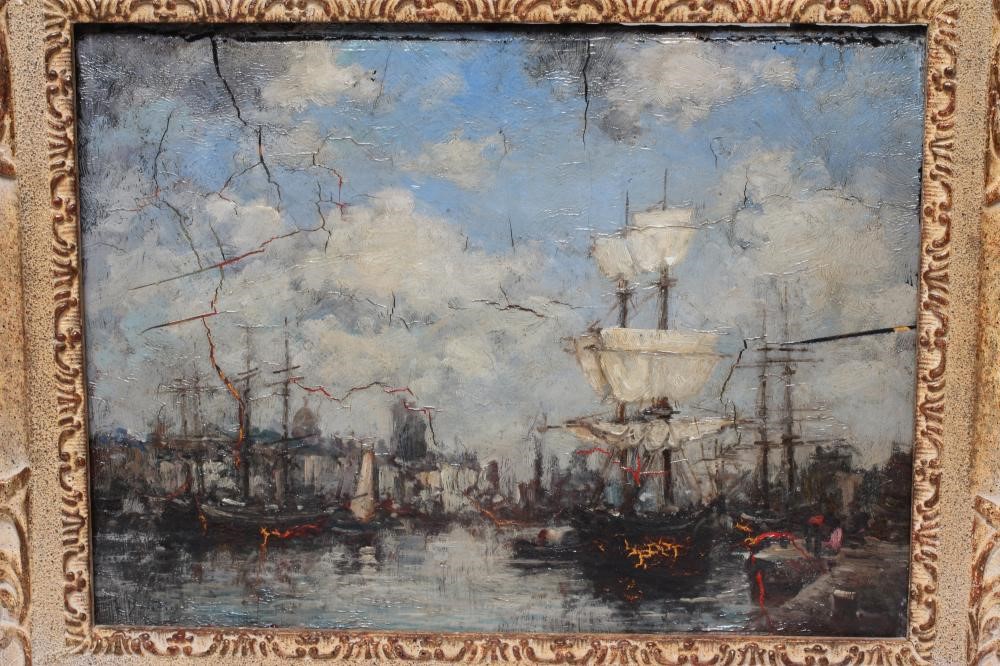 MANNER OF EUGENE BOUDIN (1824-1898) Busy Harbour Scene, oil on panel, 8" x 10 1/2", modern swept Image