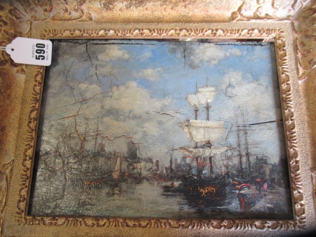 MANNER OF EUGENE BOUDIN (1824-1898) Busy Harbour Scene, oil on panel, 8" x 10 1/2", modern swept Image