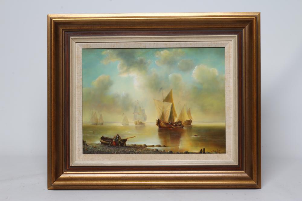 JOE ANNA ARNETT (American 1950-2024) Fishing Boats off the Coast, signed lower right, oil on panel, Image
