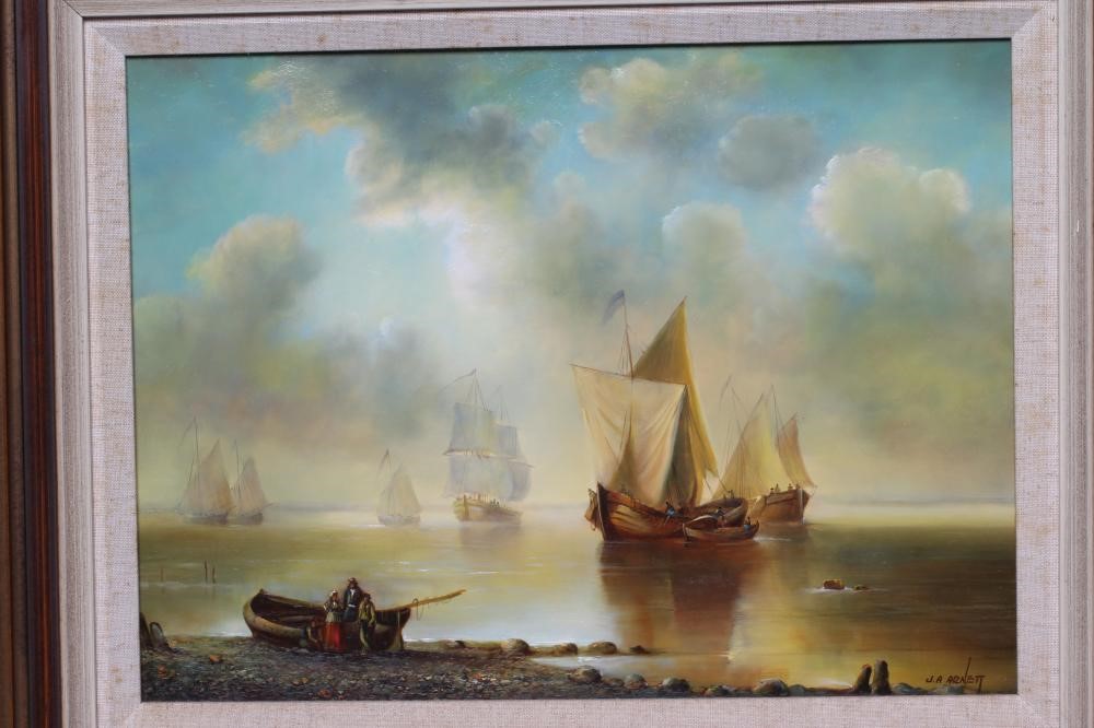 JOE ANNA ARNETT (American 1950-2024) Fishing Boats off the Coast, signed lower right, oil on panel, Image