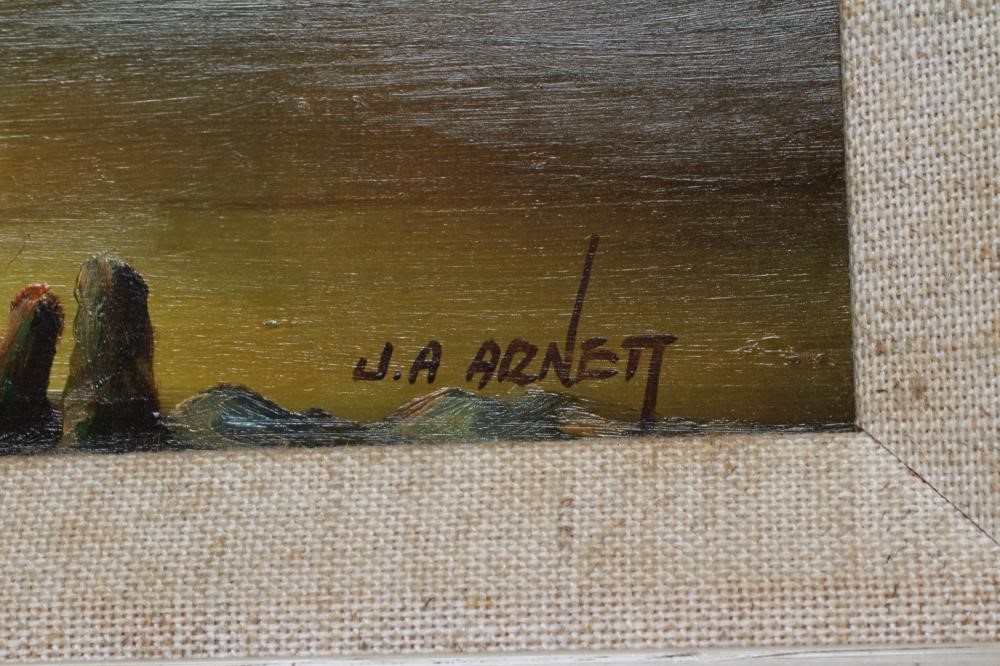 JOE ANNA ARNETT (American 1950-2024) Fishing Boats off the Coast, signed lower right, oil on panel, Image