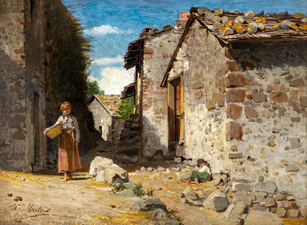 WILLY MARTENS (1856-1927) Children on a Rural Village Street, signed lower left, oil on panel, 9 Image