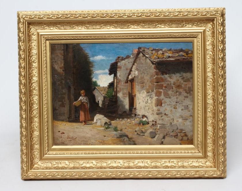 WILLY MARTENS (1856-1927) Children on a Rural Village Street, signed lower left, oil on panel, 9 Image