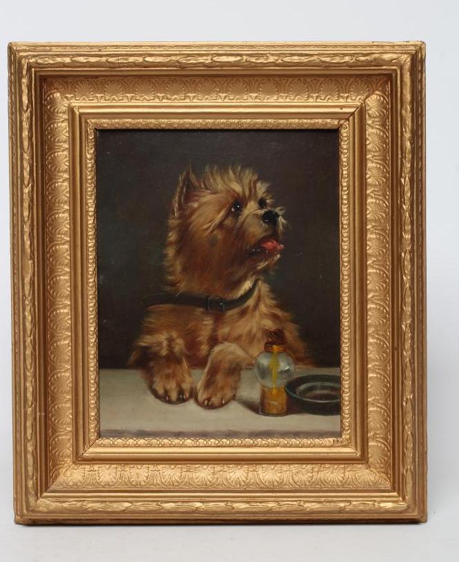 BRITISH SCHOOL (Late 19th Century) Terrier Waiting for Dinner, oil on panel, 9 1/2" x 7 1/2", gilt Image