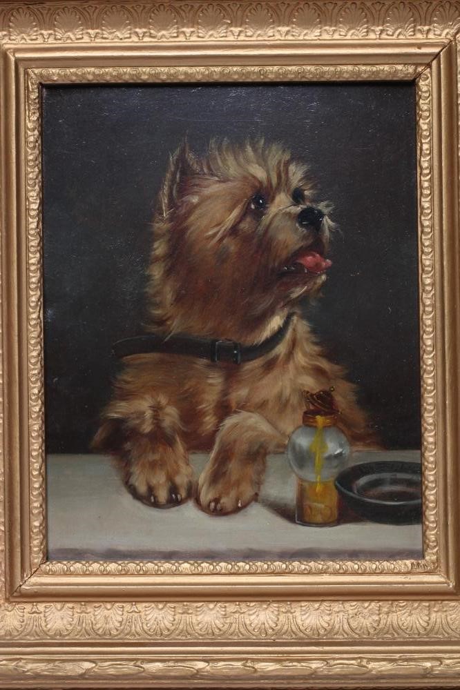 BRITISH SCHOOL (Late 19th Century) Terrier Waiting for Dinner, oil on panel, 9 1/2" x 7 1/2", gilt Image