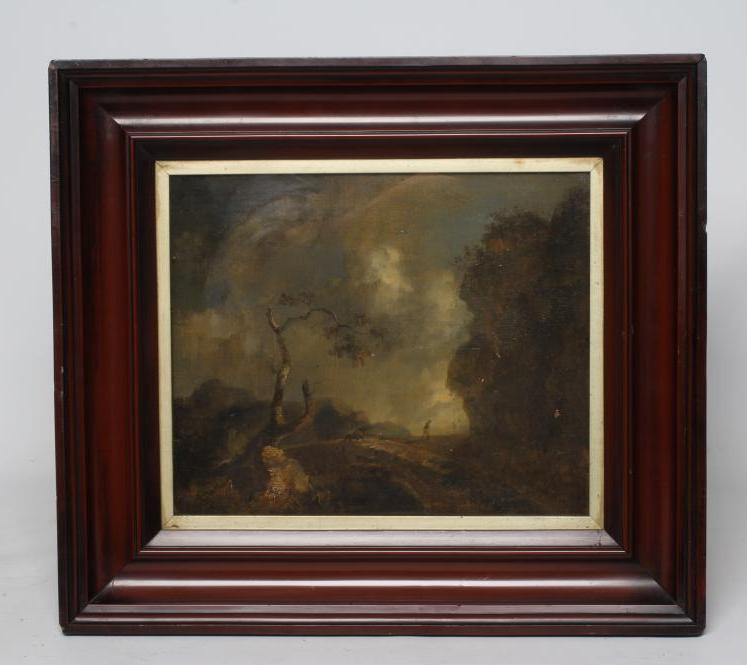 ENGLISH SCHOOL (19th Century) Rural Landscape with Figures on a Track, oil on canvas, 12" x 14 1/2", Image