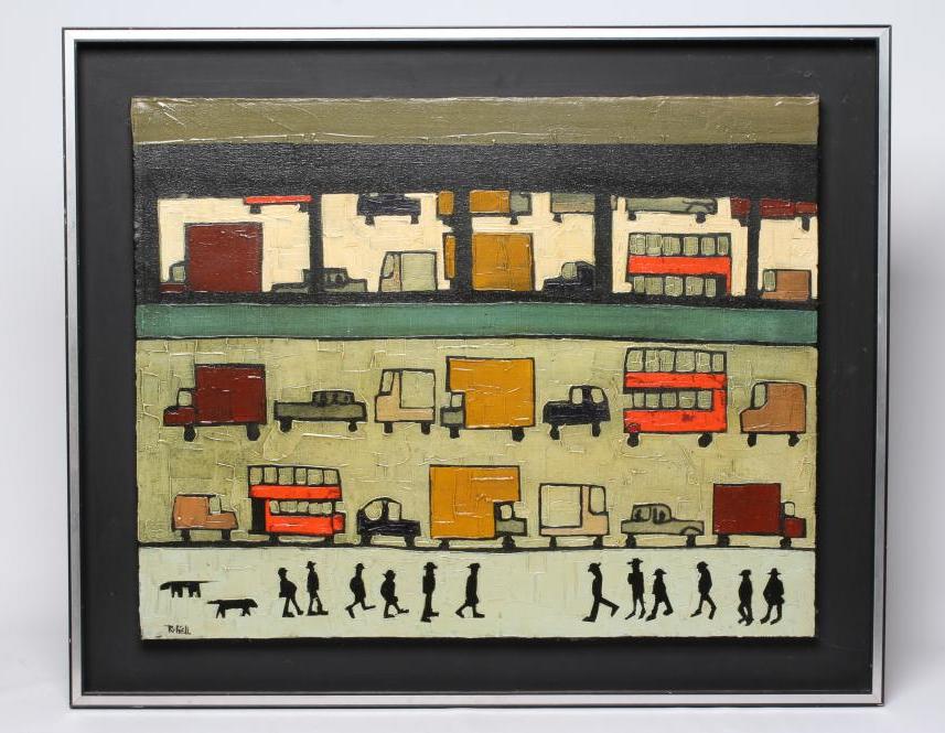 COLIN RUFFELL (b.1939) Busy Street Scene, signed lower left, oil on canvas, 24" Image