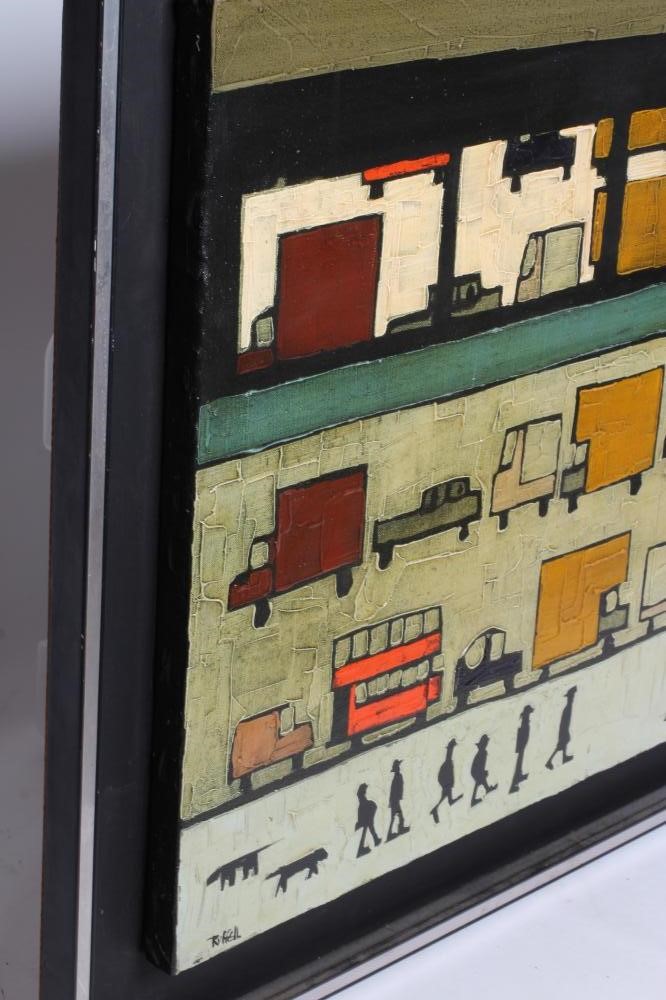 COLIN RUFFELL (b.1939) Busy Street Scene, signed lower left, oil on canvas, 24" Image