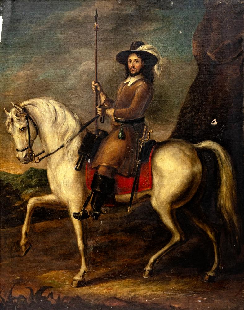 CONTINENTAL SCHOOL (19th Century) Portrait of a soldier on a horse in mid 17th century costume, oil Image