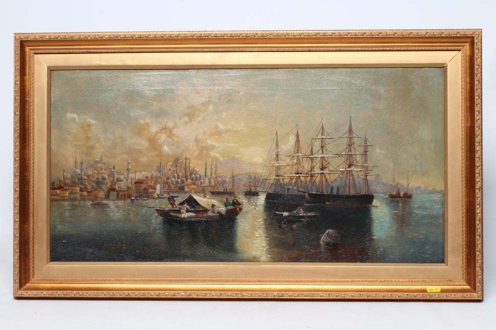 CONTINENTAL SCHOOL (Late 19th century) View of the Bosphorous and Constantinople, oil on canvas, 15" Image