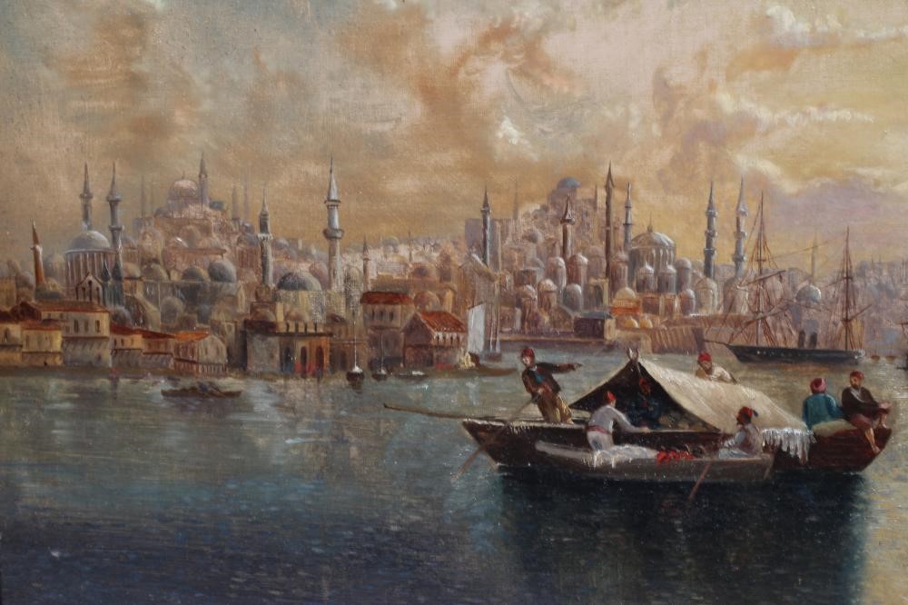 CONTINENTAL SCHOOL (Late 19th century) View of the Bosphorous and Constantinople, oil on canvas, 15" Image