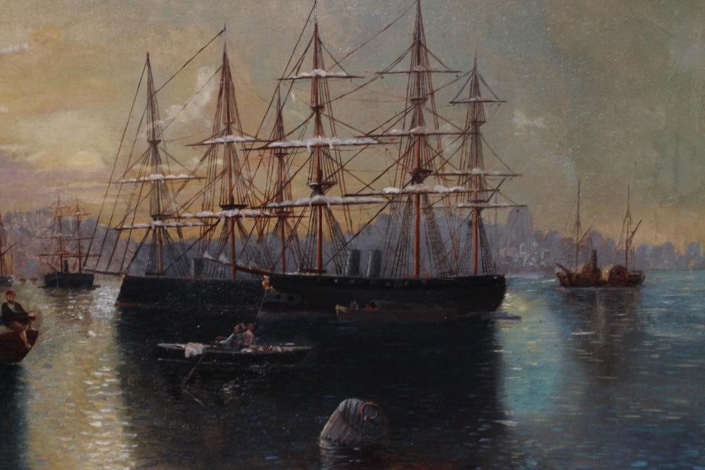 CONTINENTAL SCHOOL (Late 19th century) View of the Bosphorous and Constantinople, oil on canvas, 15" Image