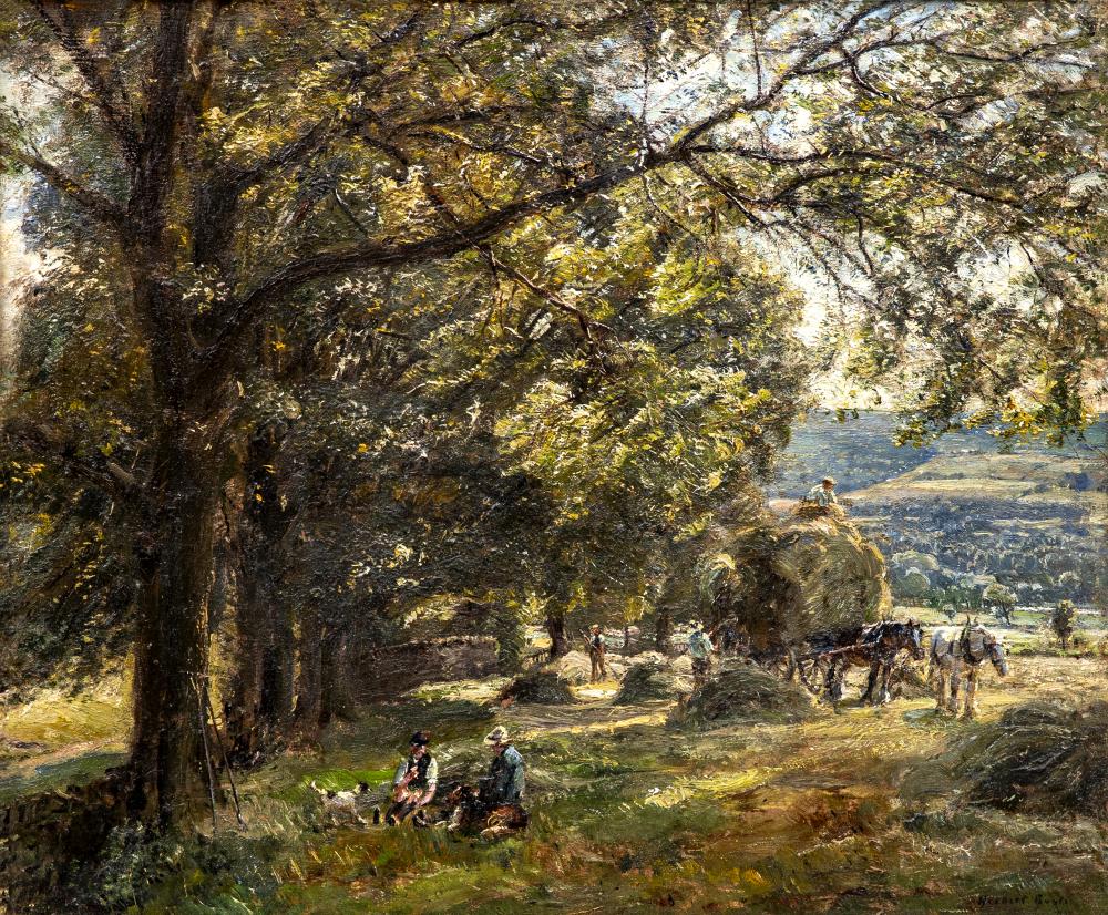 HERBERT F ROYLE (1870-1958) Hay Time in the Dale, signed lower right, oil on canvas, 20" x 24", Image
