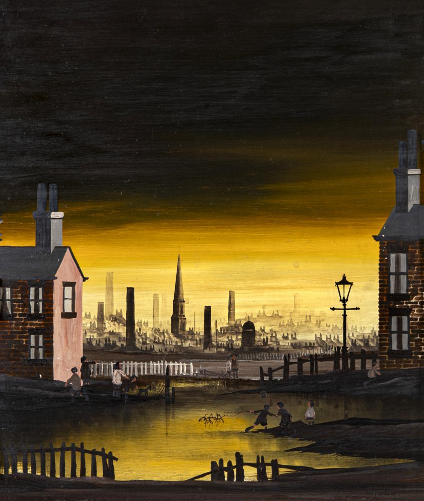 BRIAN SHIELDS 'BRAAQ' (1951-1997) Rescuing a Go Cart, signed lower right, oil on panel, 12" x 10", Image