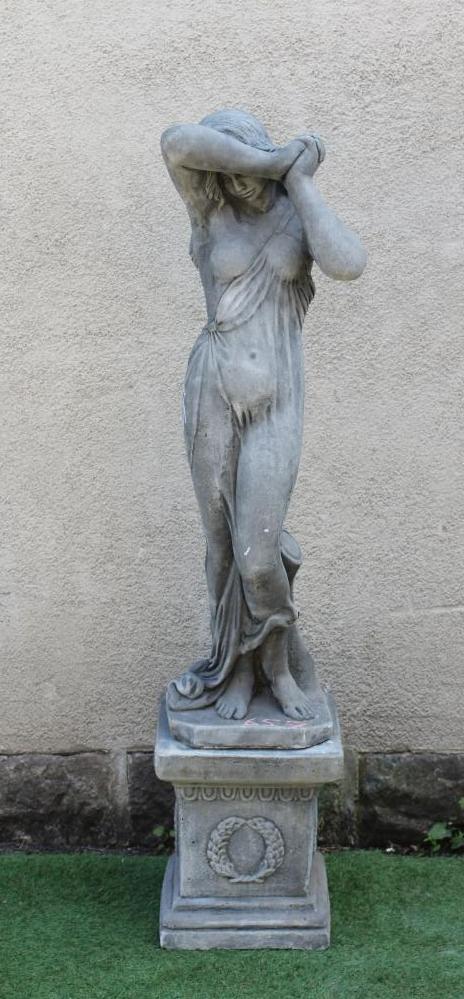 A CAST STONE FIGURE OF A NYMPH, raised on square wreath moulded plinth, 13 1/2" x 59 1/2" (Est. plus Image