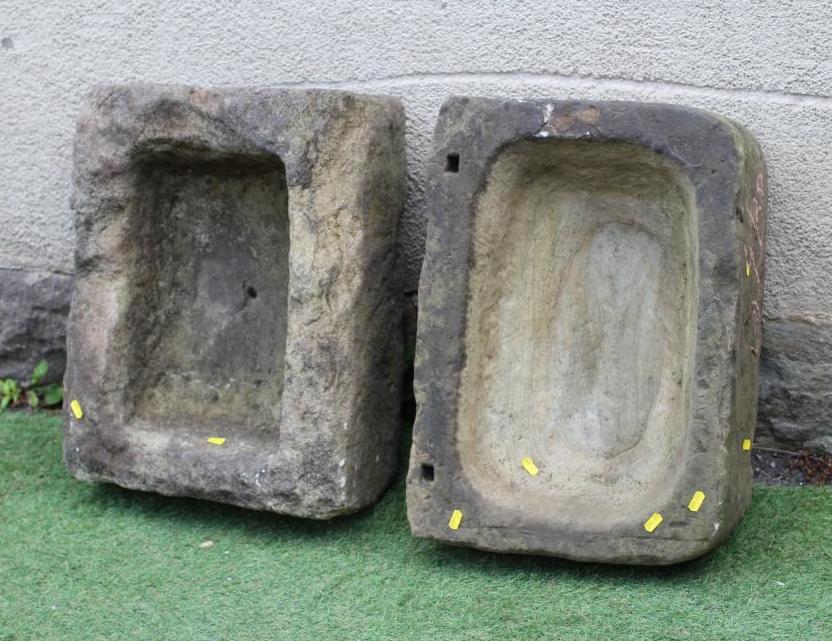 A SMALL SANDSTONE TROUGH of well cut rounded oblong form, 22 1/2" x 16" x 8", together with another Image