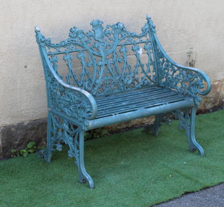 A COALBROOKDALE STYLE CAST METAL BENCH, modern, in Gothic pattern, with slatted metal seat, 37" x 14 Image