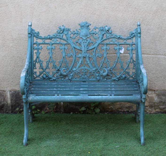 A COALBROOKDALE STYLE CAST METAL BENCH, modern, in Gothic pattern, with slatted metal seat, 37" x 14 Image