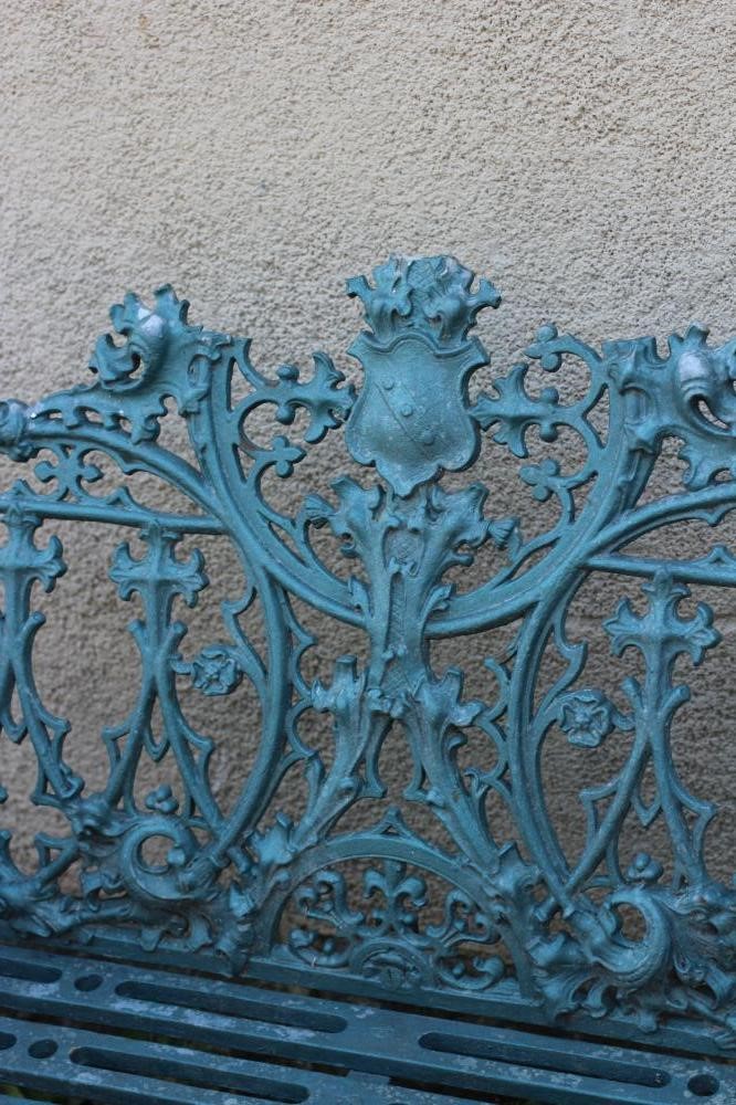 A COALBROOKDALE STYLE CAST METAL BENCH, modern, in Gothic pattern, with slatted metal seat, 37" x 14 Image