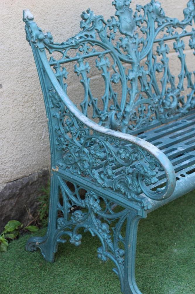 A COALBROOKDALE STYLE CAST METAL BENCH, modern, in Gothic pattern, with slatted metal seat, 37" x 14 Image