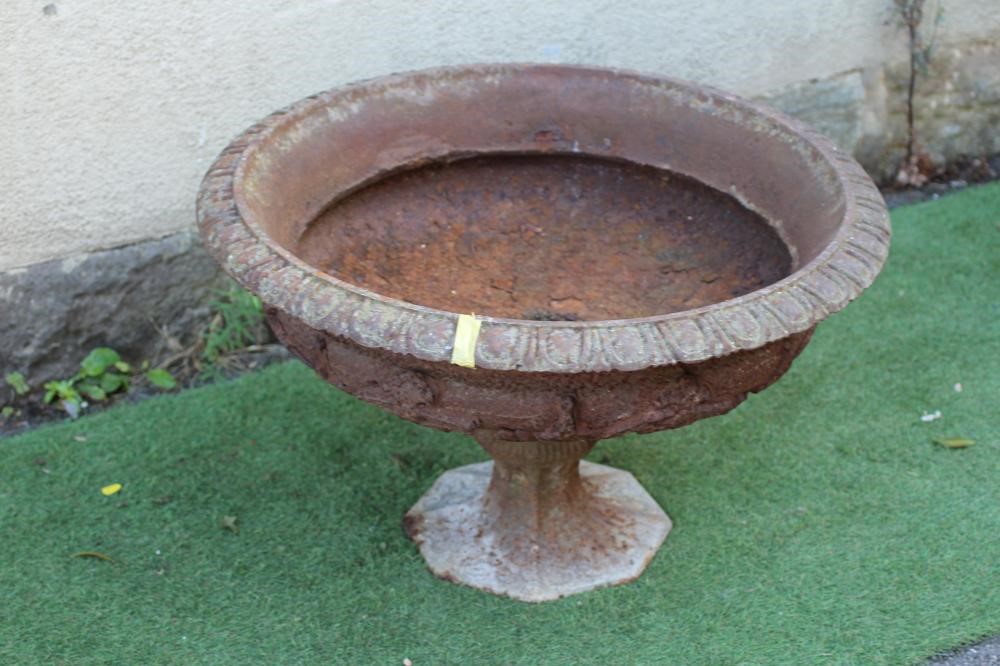 A VICTORIAN CAST IRON URN, the large shallow bowl with strapwork banding and egg and dart moulded Image