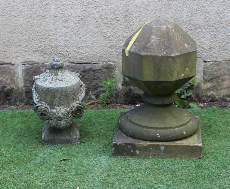 A SANDSTONE FINIAL, the domed octagonal top on turned socle and square base, 13 1/2" x 21", together Image