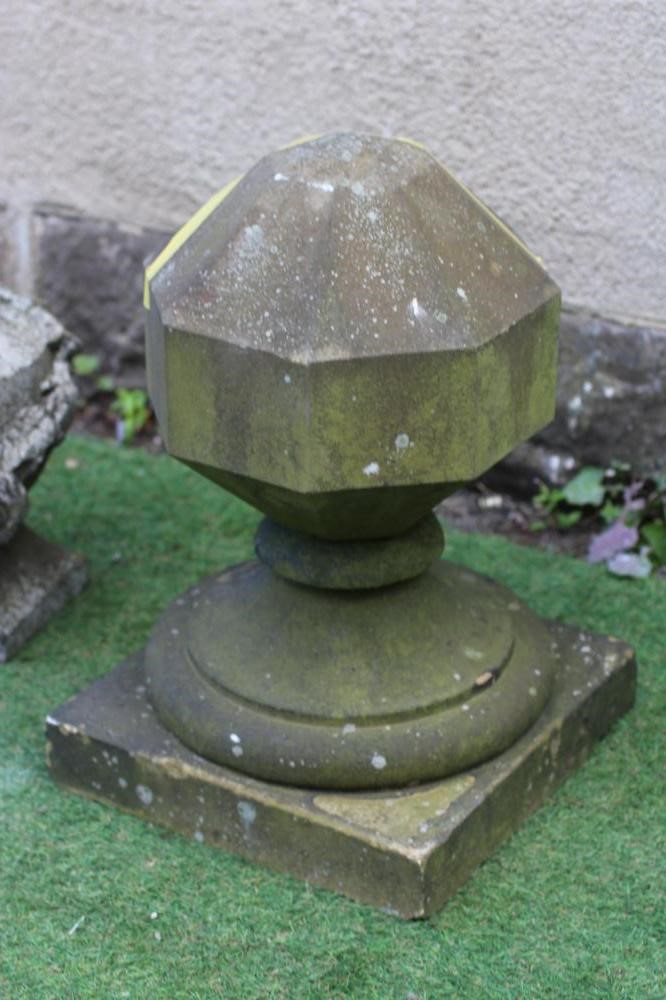A SANDSTONE FINIAL, the domed octagonal top on turned socle and square base, 13 1/2" x 21", together Image