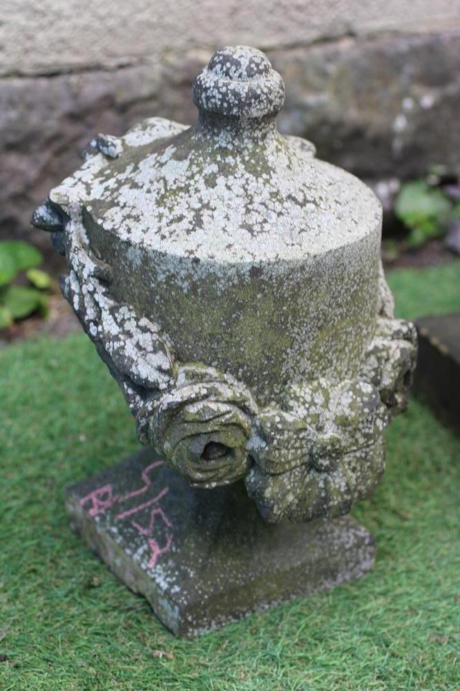 A SANDSTONE FINIAL, the domed octagonal top on turned socle and square base, 13 1/2" x 21", together Image