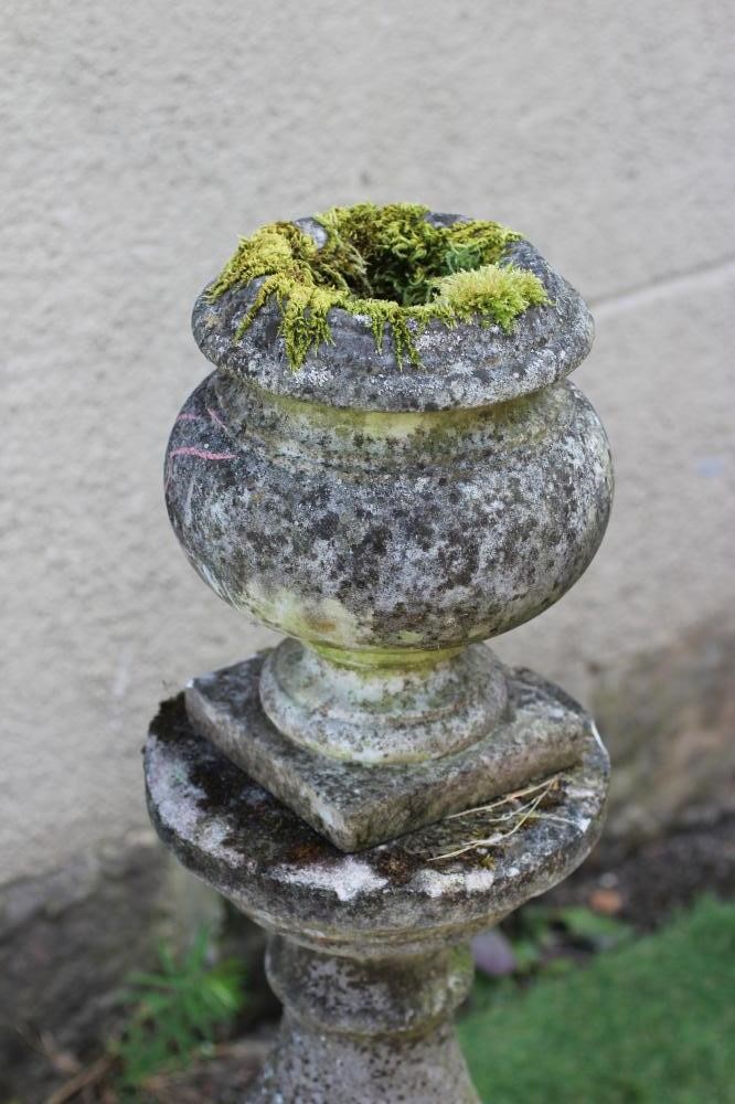 A SMALL MARBLE BALUSTER URN ON CAST STONE SUPPORT with baluster stem and square base, 14" x 45" Image