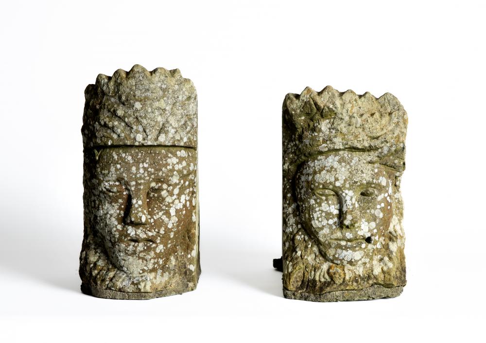 A PAIR OF CARVED SANDSTONE FIGURAL CORBELS depicting a Royal (?) couple, 17" x 13" approximately Image
