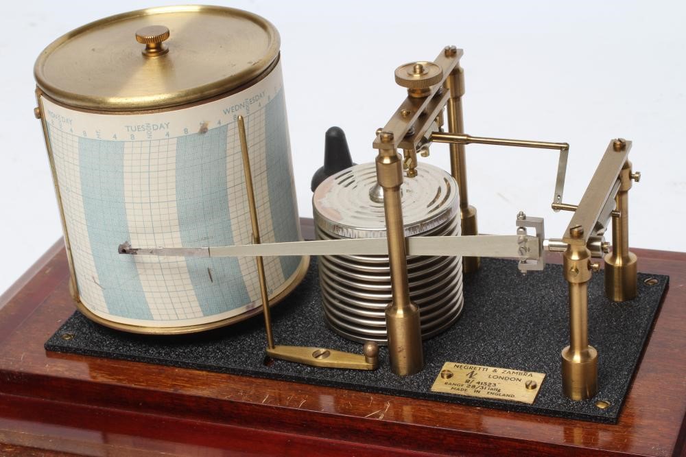 A NEGRETTI AND ZAMBRA BAROGRAPH, early 20th century, in glazed mahogany case with bracket feet, 15" Image