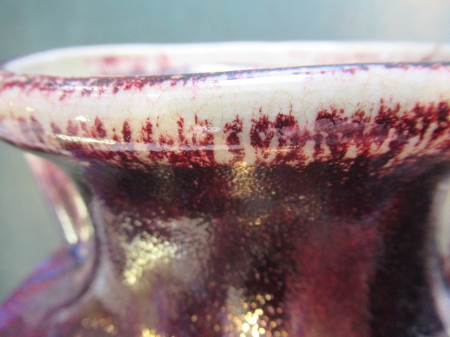 A CHINESE STONEWARE ARCHAISTIC VASE of square baluster form with two lug handles, in a streaky Image