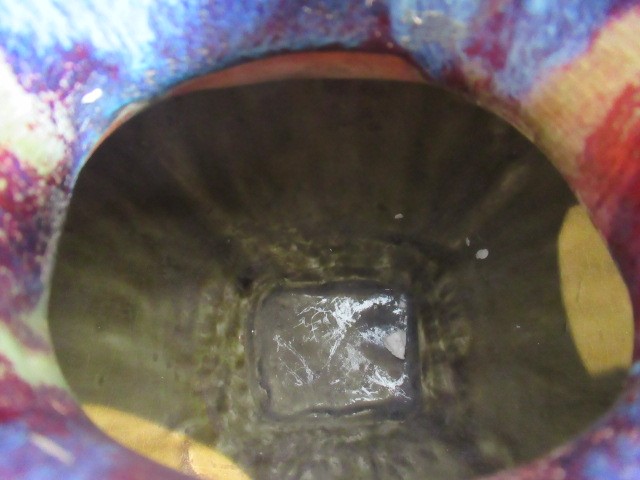 A CHINESE STONEWARE ARCHAISTIC VASE of square baluster form with two lug handles, in a streaky Image