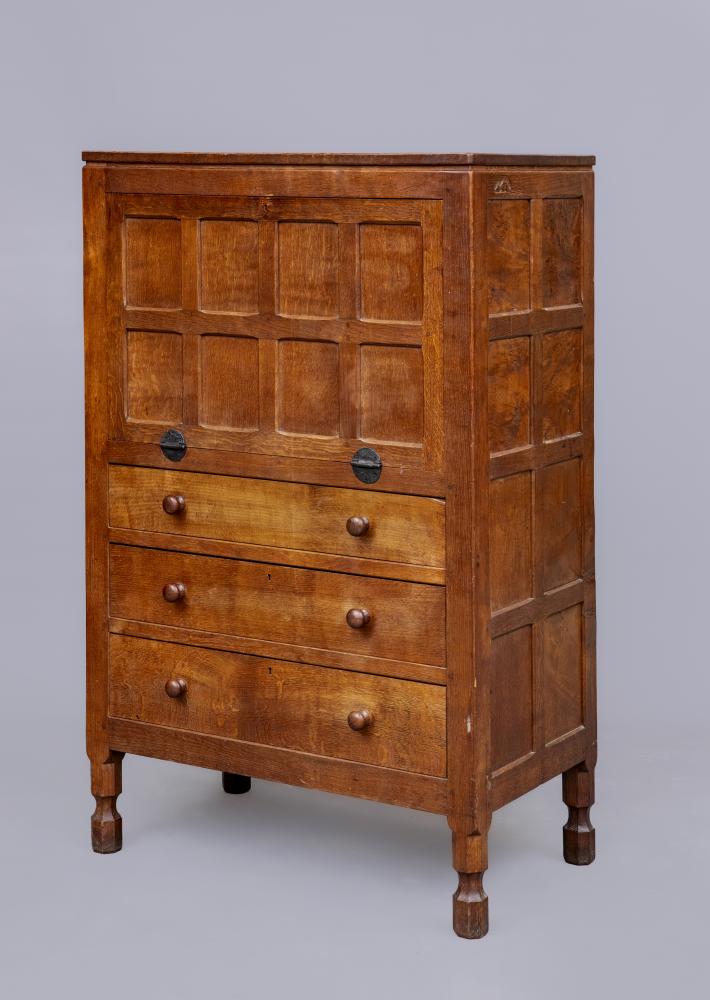 A ROBERT THOMPSON ADZED OAK STRAIGHT FRONT BUREAU Image