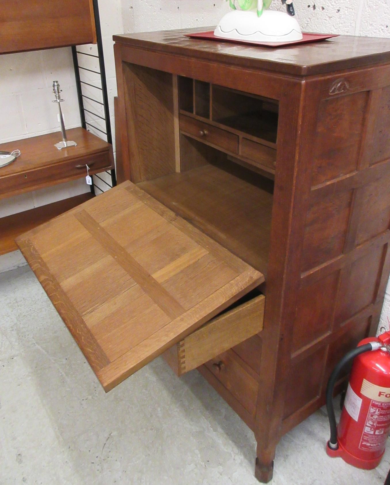A ROBERT THOMPSON ADZED OAK STRAIGHT FRONT BUREAU Image