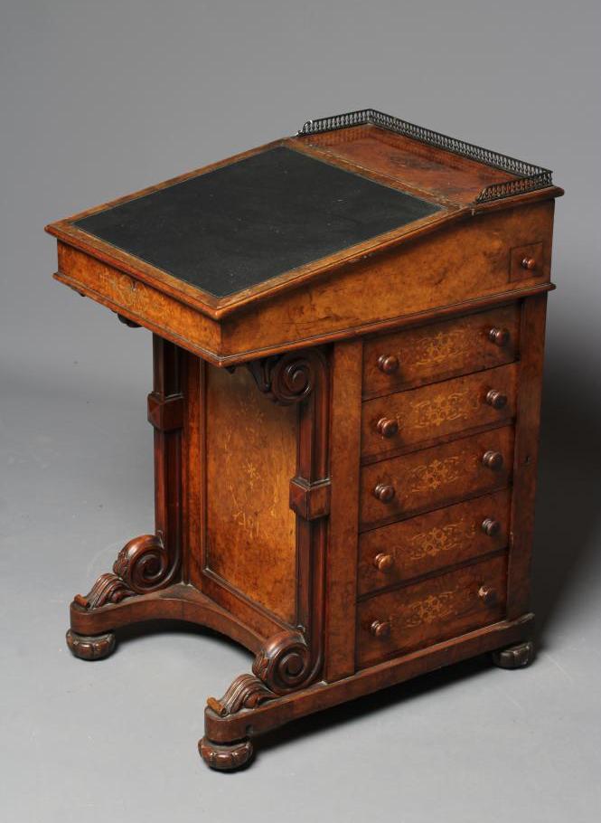 AN EARLY VICTORIAN BURR WALNUT AND MARQUETRY DAVENPORT Image