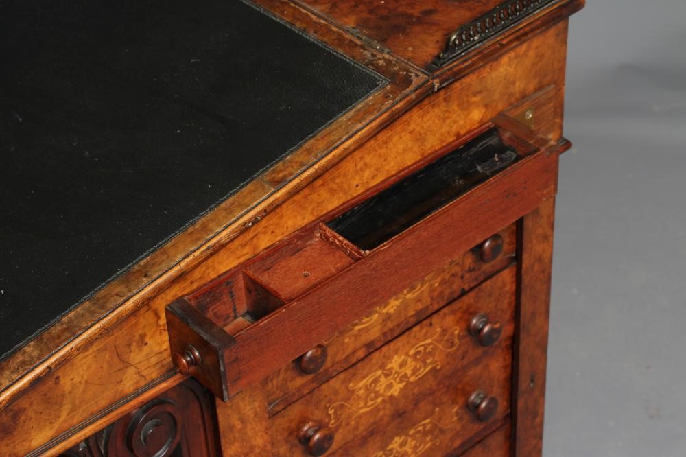 AN EARLY VICTORIAN BURR WALNUT AND MARQUETRY DAVENPORT Image