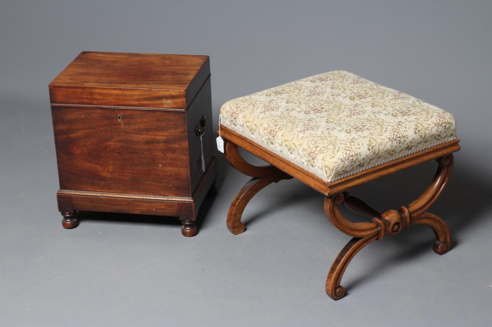 A VICTORIAN ROSEWOOD X FRAMED DRESSING STOOL of oblong form upholstered in a cream floral weave Image