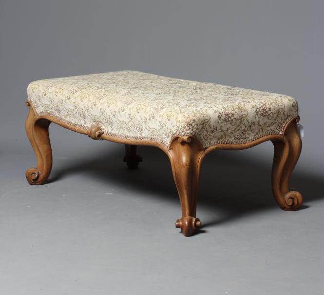 A VICTORIAN MAHOGANY LARGE STOOL of oblong form upholstered in a cream floral weave Image