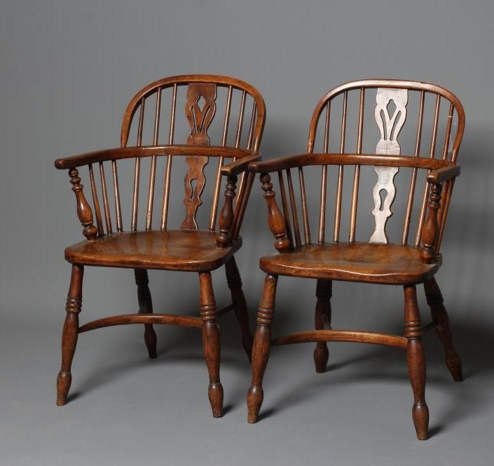 A PAIR OF ASH AND ELM LOW WINDSOR ARMCHAIRS Image