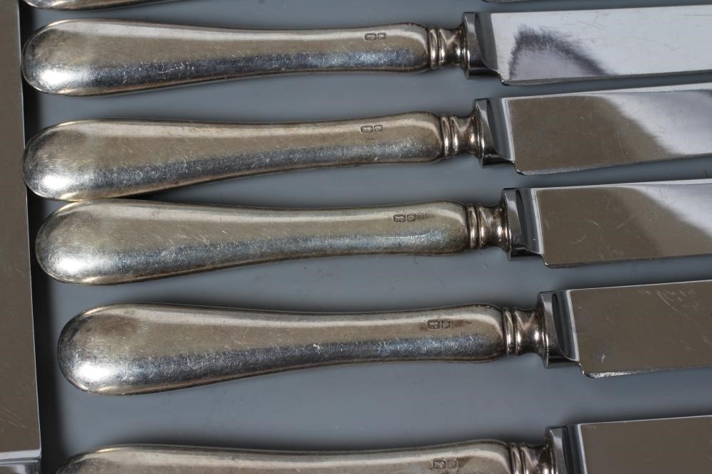 A SET OF EIGHT EACH SILVER TABLE AND DESSERT KNIVES, by Terry Shaverin, Sheffield 1991, with steel Image
