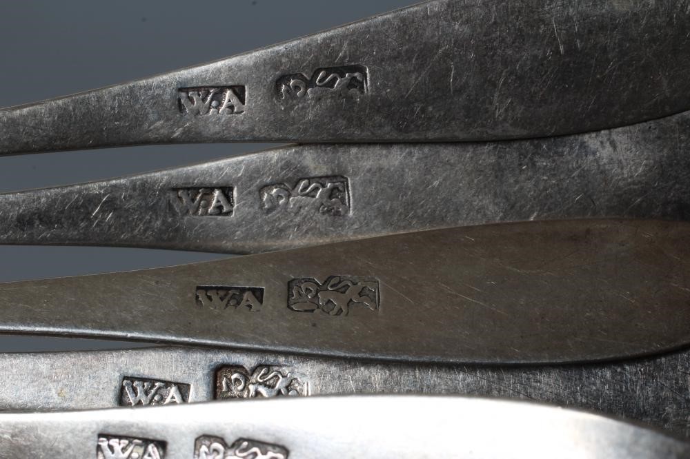 A SET OF FIVE GERMAN SILVER TEASPOONS, maker's mark (?) W.A, Heidelberg, late 18th century, in Image