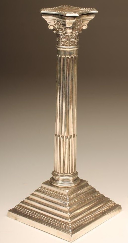 A PAIR OF SILVER CORINTHIAN COLUMN CANDLESTICKS Image